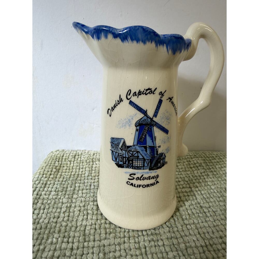 Vtg Solvang California Pitcher Danish Windmill Blue White Pottery